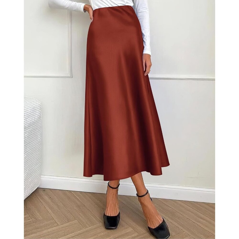 Women's Brown Long Satin Silk Elegant Waist Cocktail Flowy A-Line Midi Skirt - Picture 4 of 6